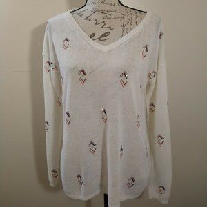 WHBM Top  white knit v-neck long sleeves embellish